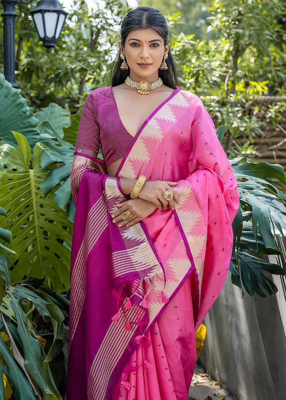 Ultra Pink Zari Woven Triangle Border Raw Silk Saree with Butti Overall