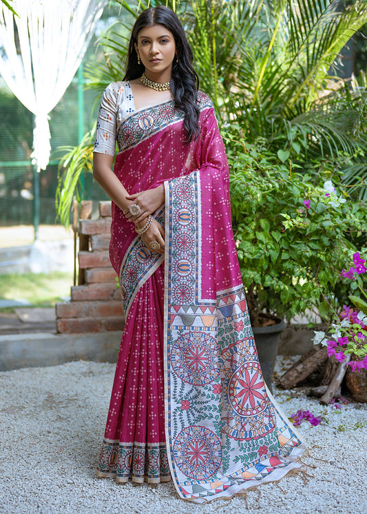 Magenta Pink Madhubani Printed Soft Tussar Silk Saree