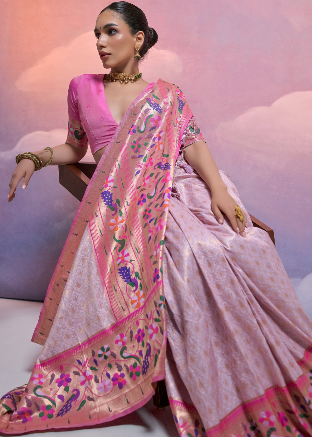 Thistle Purple Woven Paithani Silk Saree with Meenakari Zari Woven Border