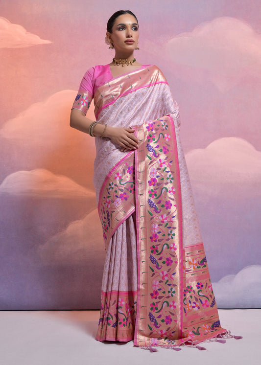 Thistle Purple Woven Paithani Silk Saree with Meenakari Zari Woven Border