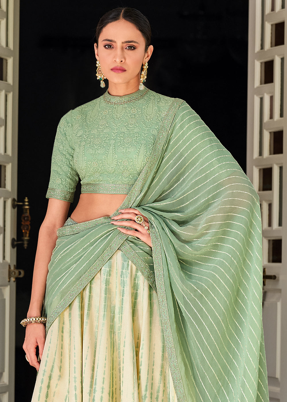 White & Green Digitally Printed Gaji Silk Lehenga with Chikankari work Blouse