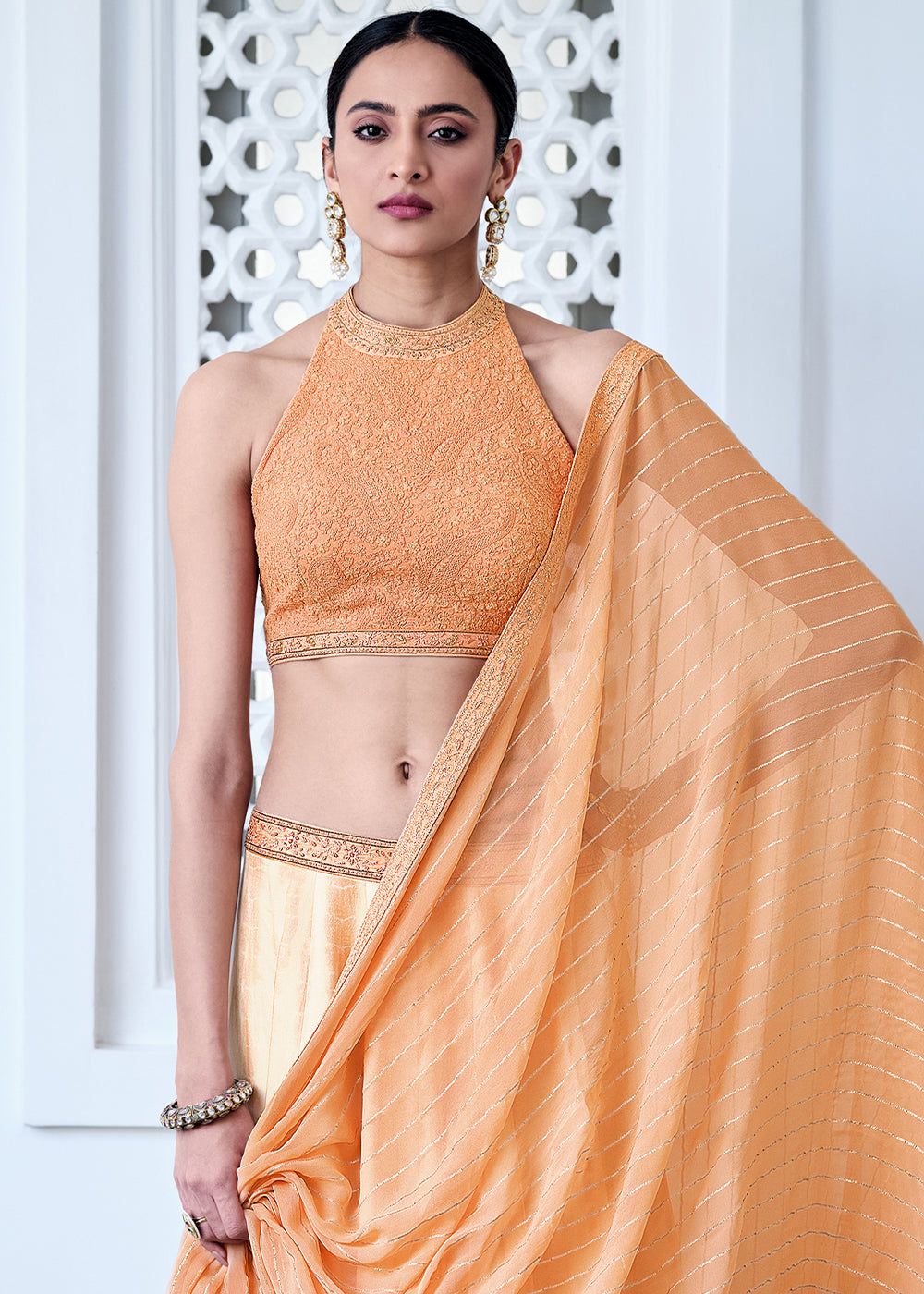 White & Orange Digitally Printed Gaji Silk Lehenga with Chikankari work Blouse