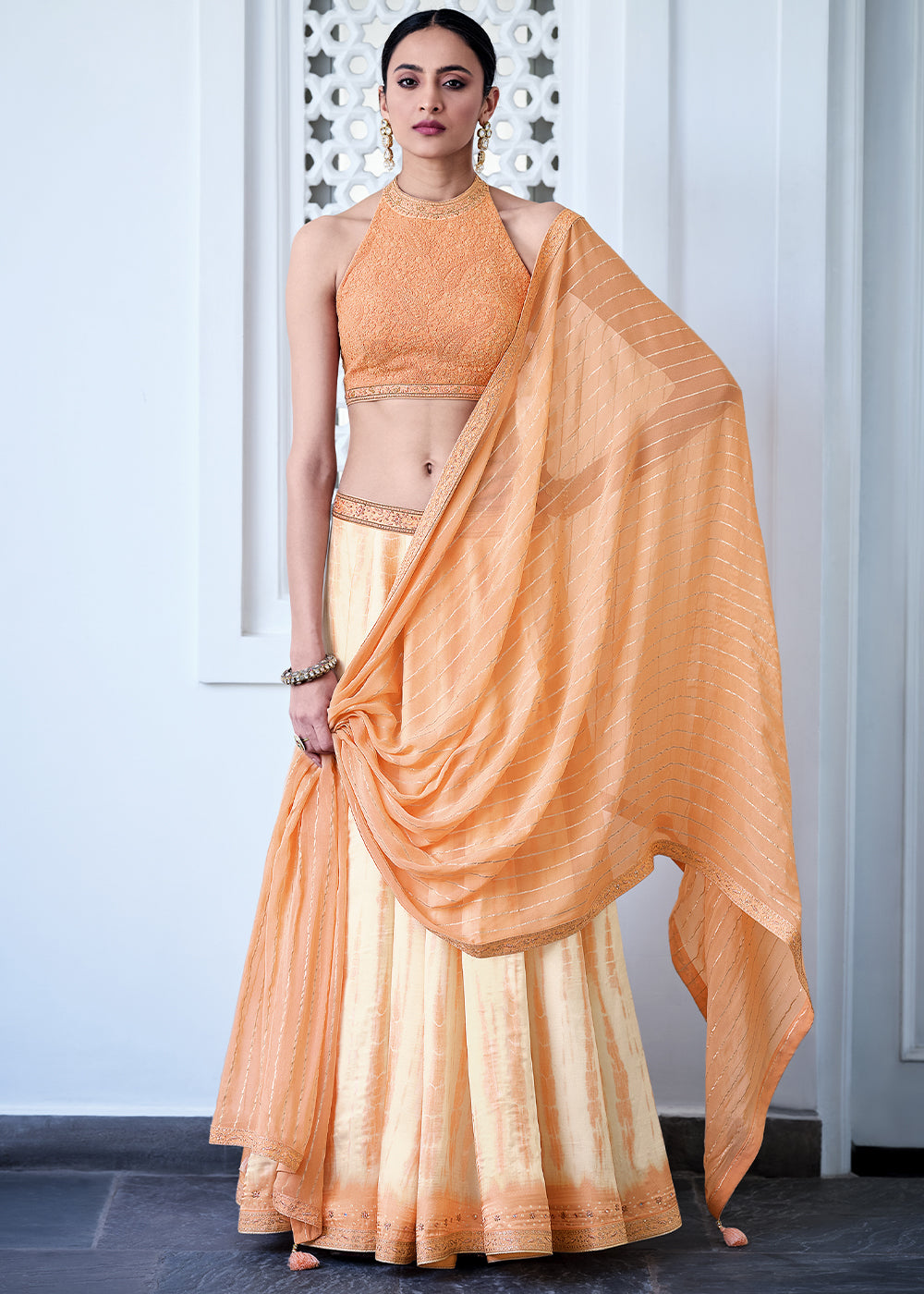 White & Orange Digitally Printed Gaji Silk Lehenga with Chikankari work Blouse