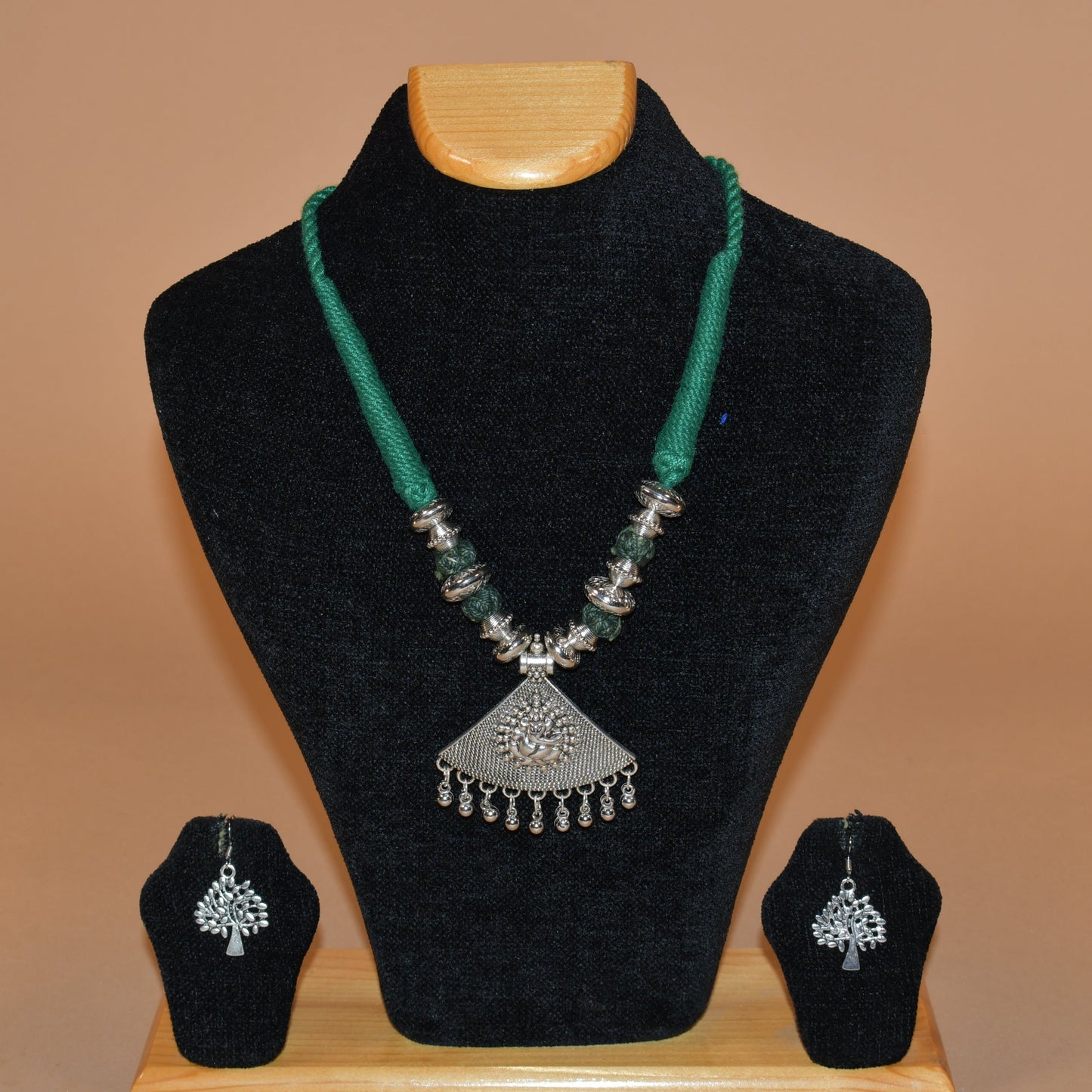 Green Triangular Necklace with Tree Inspired Earrings