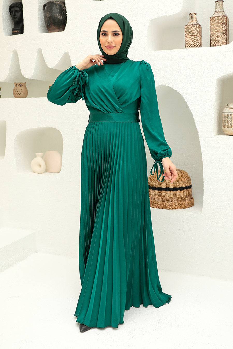 Hunter Green Criss Cross Pleated Satin Gown