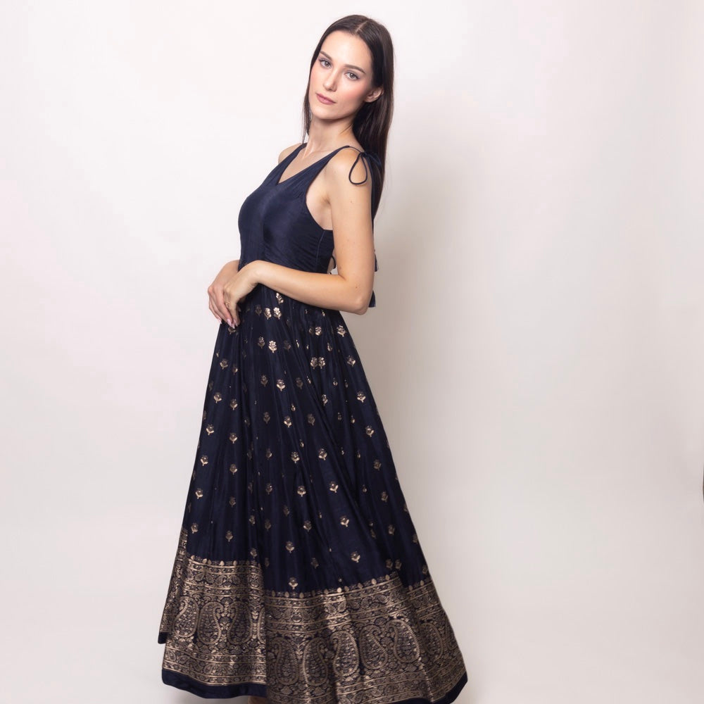 Alastair Blue and Gold Gown with Banarasi Border