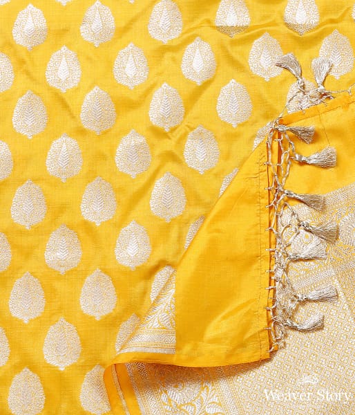 Yellow katan silk dupatta with leaf motifs and floral border