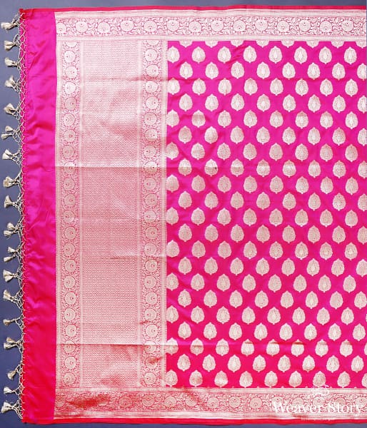Pink katan silk dupatta with leaf motifs and floral border