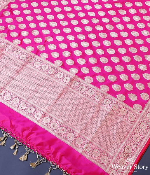 Pink katan silk dupatta with leaf motifs and floral border