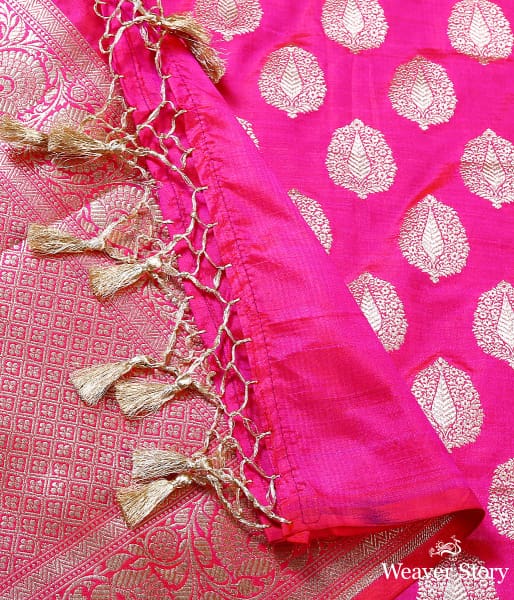 Pink katan silk dupatta with leaf motifs and floral border