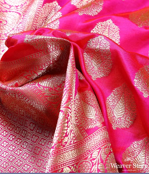 Pink katan silk dupatta with leaf motifs and floral border