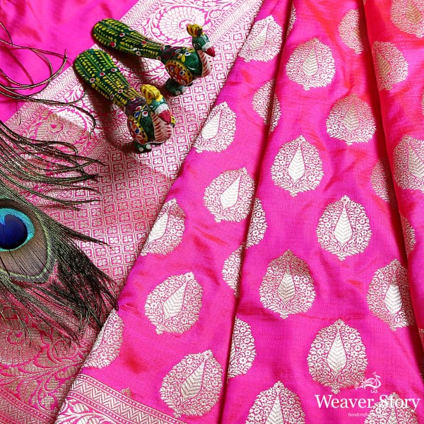 Pink katan silk dupatta with leaf motifs and floral border