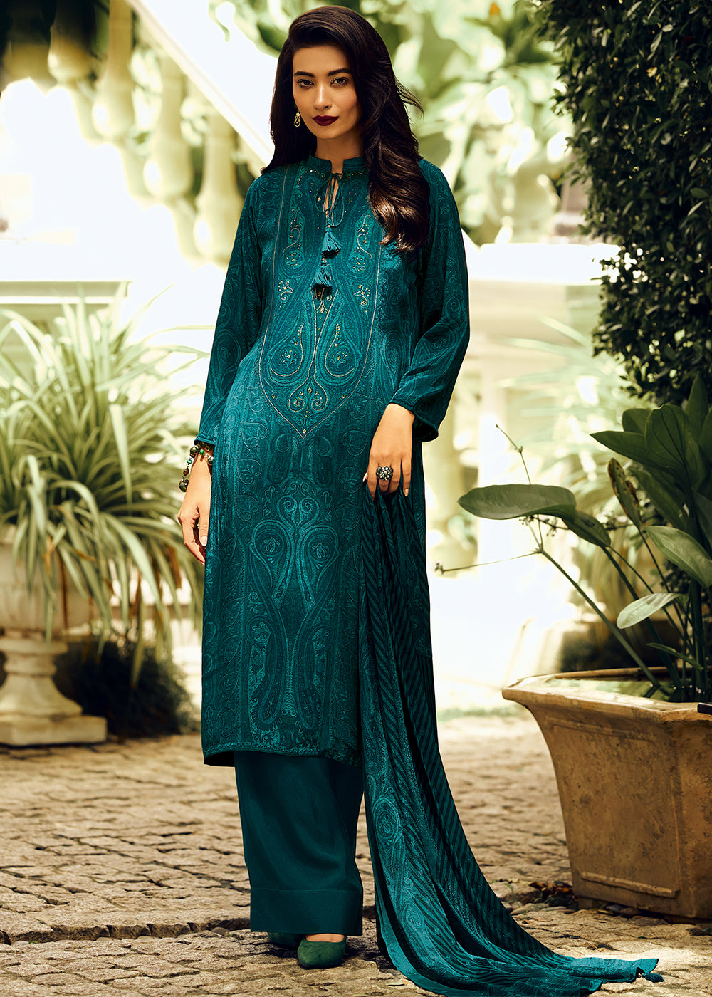 Prussian Blue Digital Printed Pashmina Silk Salwar Suit With Hand Work Embroidery