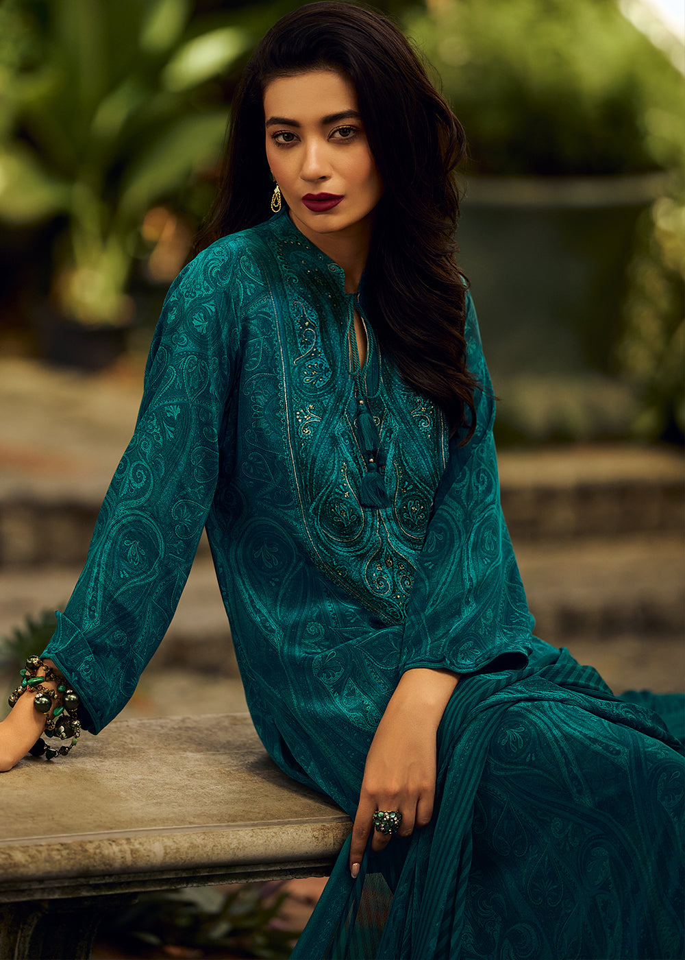 Prussian Blue Digital Printed Pashmina Silk Salwar Suit With Hand Work Embroidery