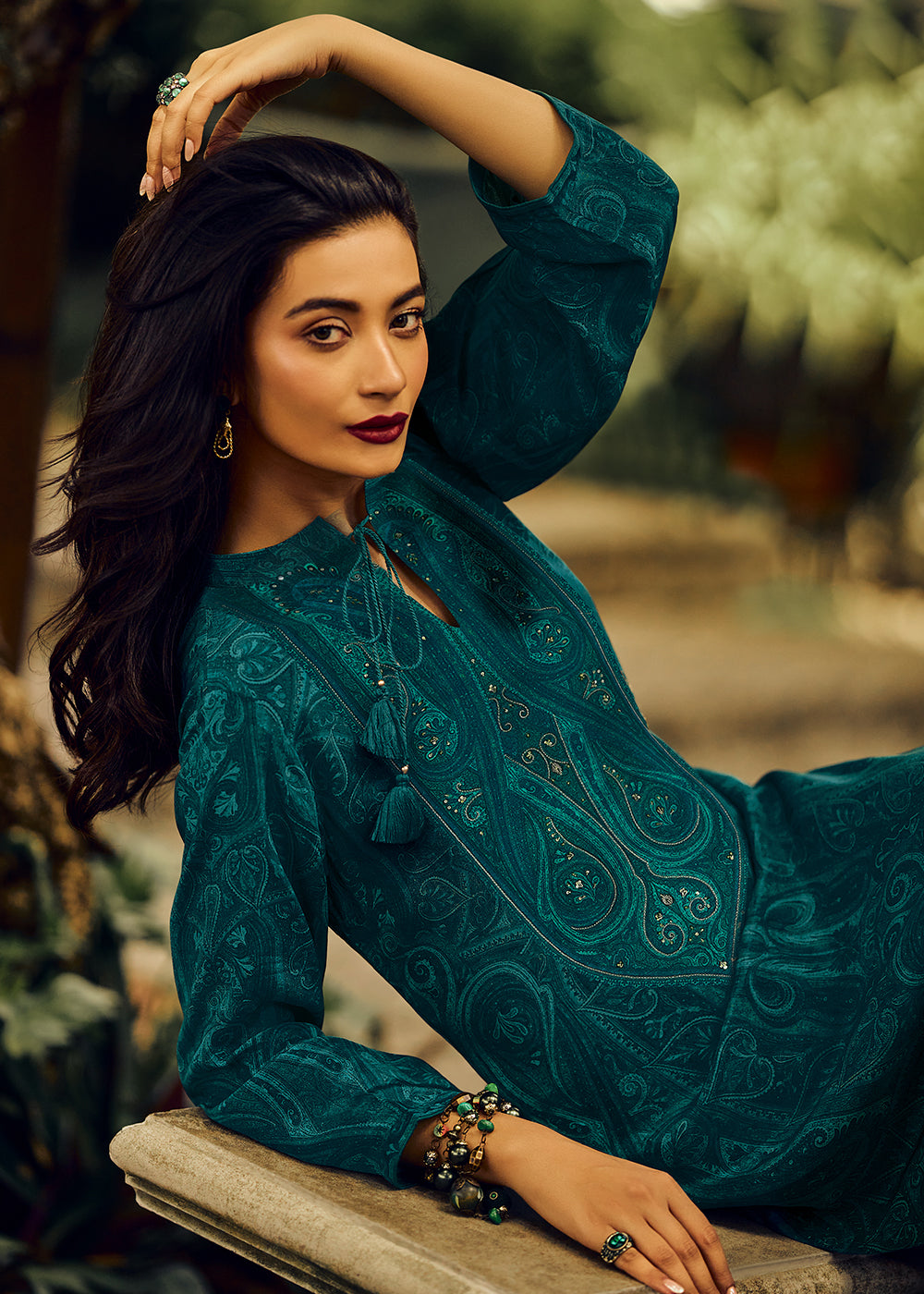 Prussian Blue Digital Printed Pashmina Silk Salwar Suit With Hand Work Embroidery