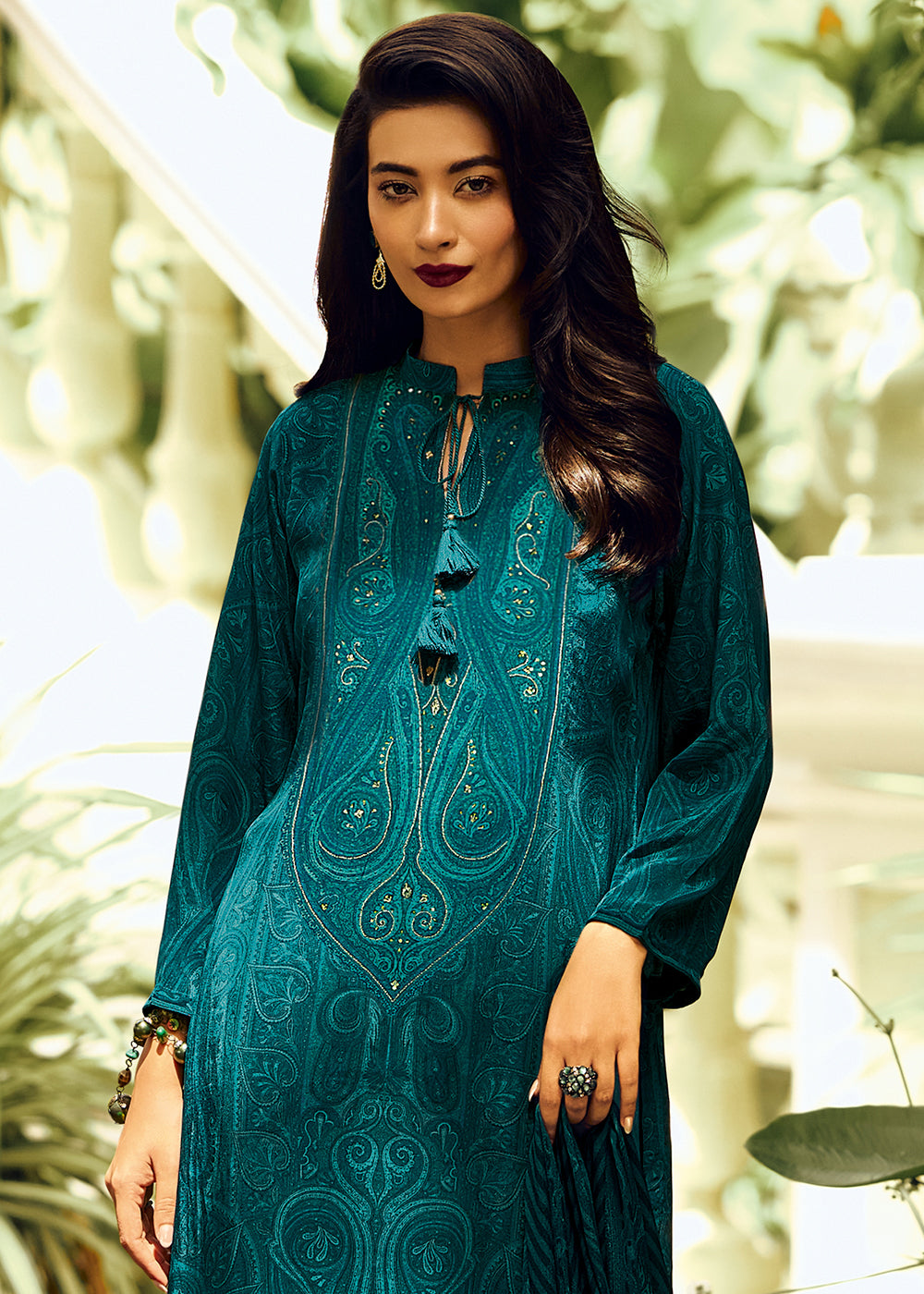 Prussian Blue Digital Printed Pashmina Silk Salwar Suit With Hand Work Embroidery