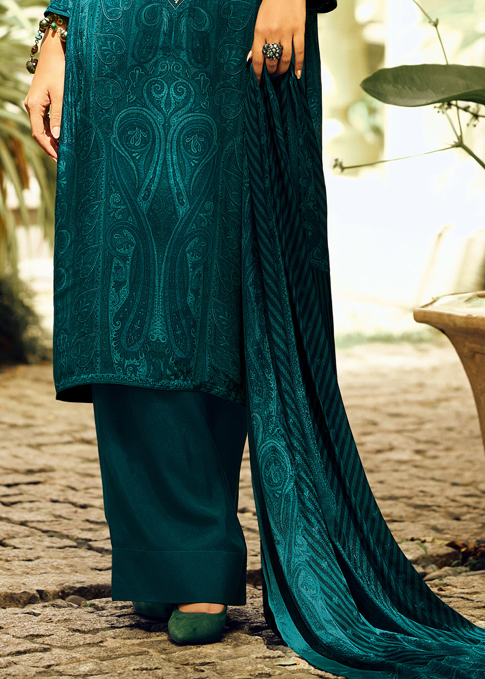 Prussian Blue Digital Printed Pashmina Silk Salwar Suit With Hand Work Embroidery