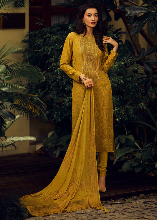 Mikado Yellow Digital Printed Pashmina Silk Salwar Suit With Hand Work Embroidery