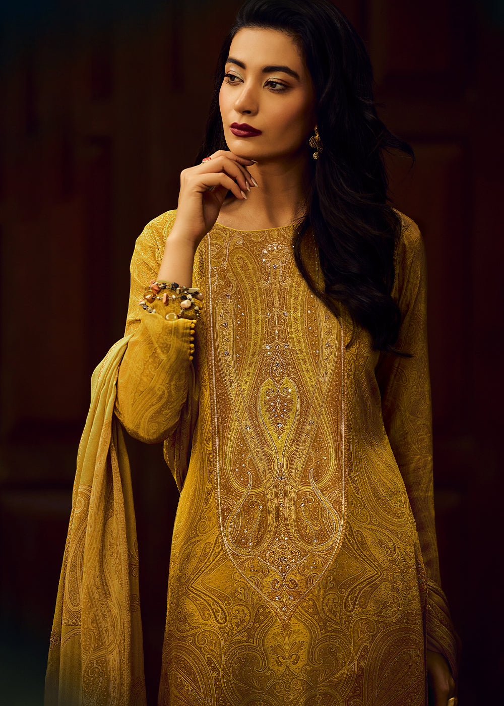 Mikado Yellow Digital Printed Pashmina Silk Salwar Suit With Hand Work Embroidery