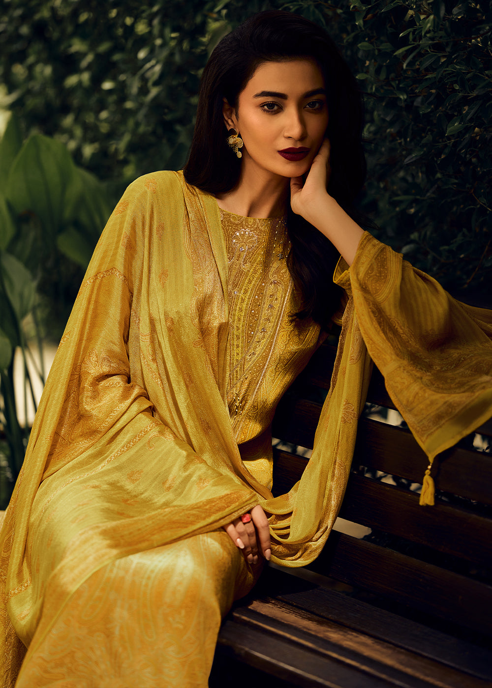 Mikado Yellow Digital Printed Pashmina Silk Salwar Suit With Hand Work Embroidery