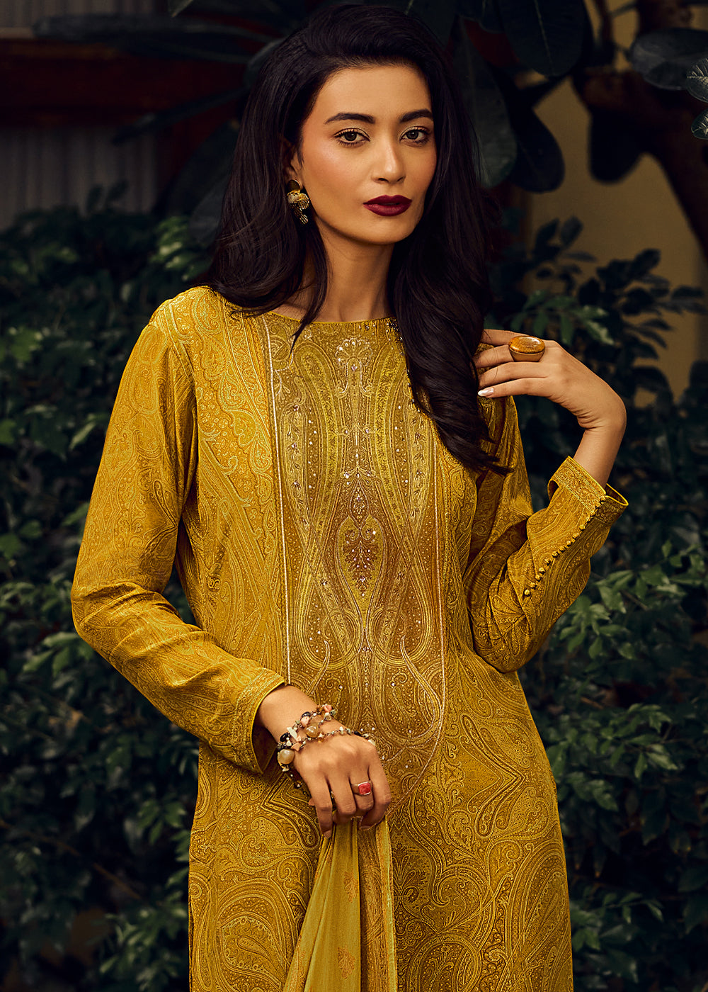 Mikado Yellow Digital Printed Pashmina Silk Salwar Suit With Hand Work Embroidery