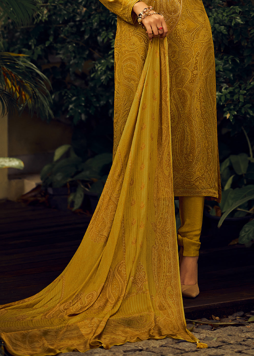 Mikado Yellow Digital Printed Pashmina Silk Salwar Suit With Hand Work Embroidery