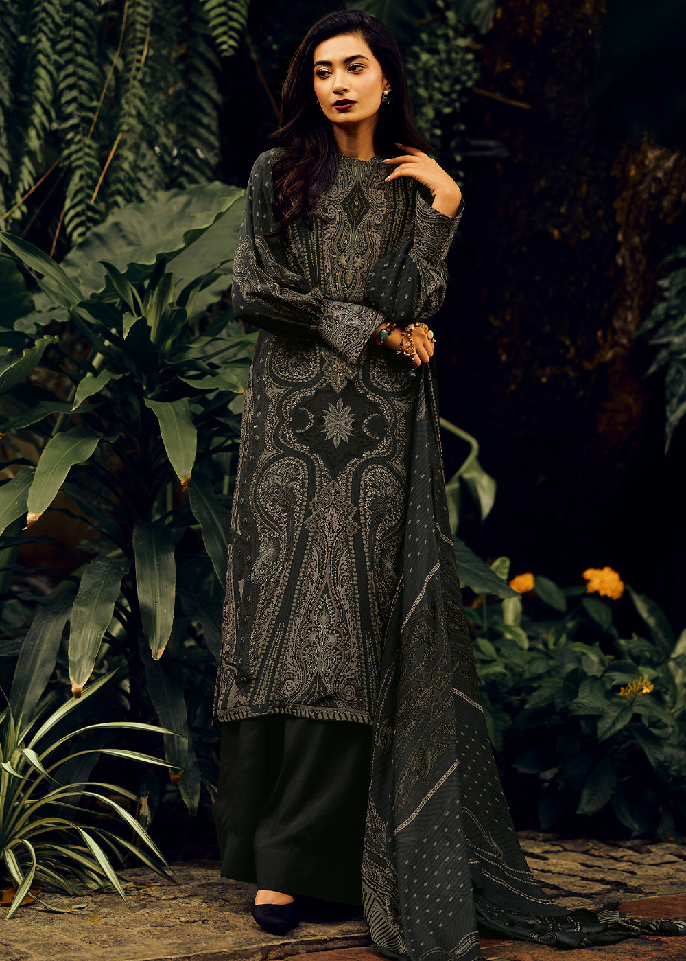 Onyx Black Digital Printed Pashmina Silk Salwar Suit With Hand Work Embroidery