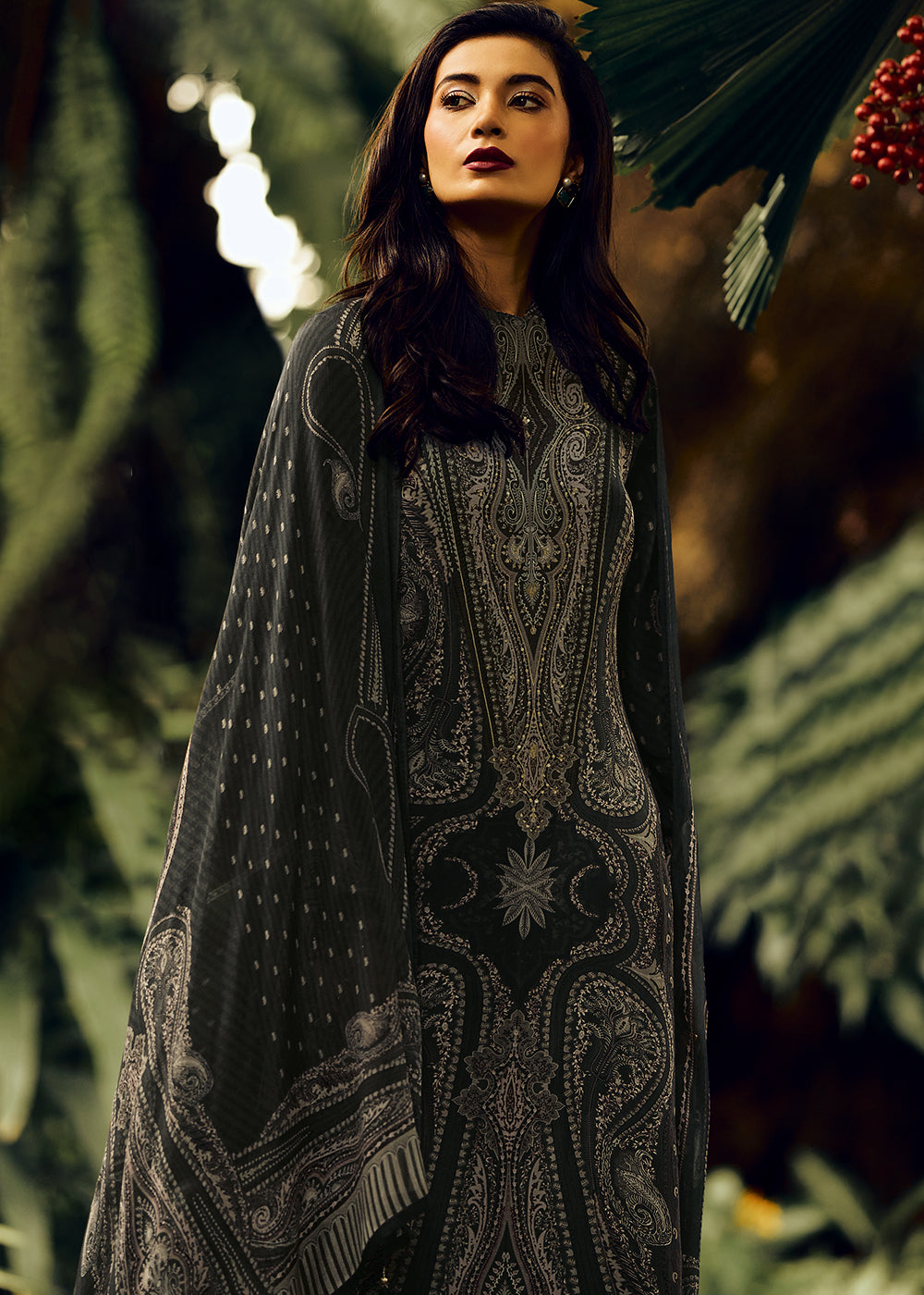 Onyx Black Digital Printed Pashmina Silk Salwar Suit With Hand Work Embroidery