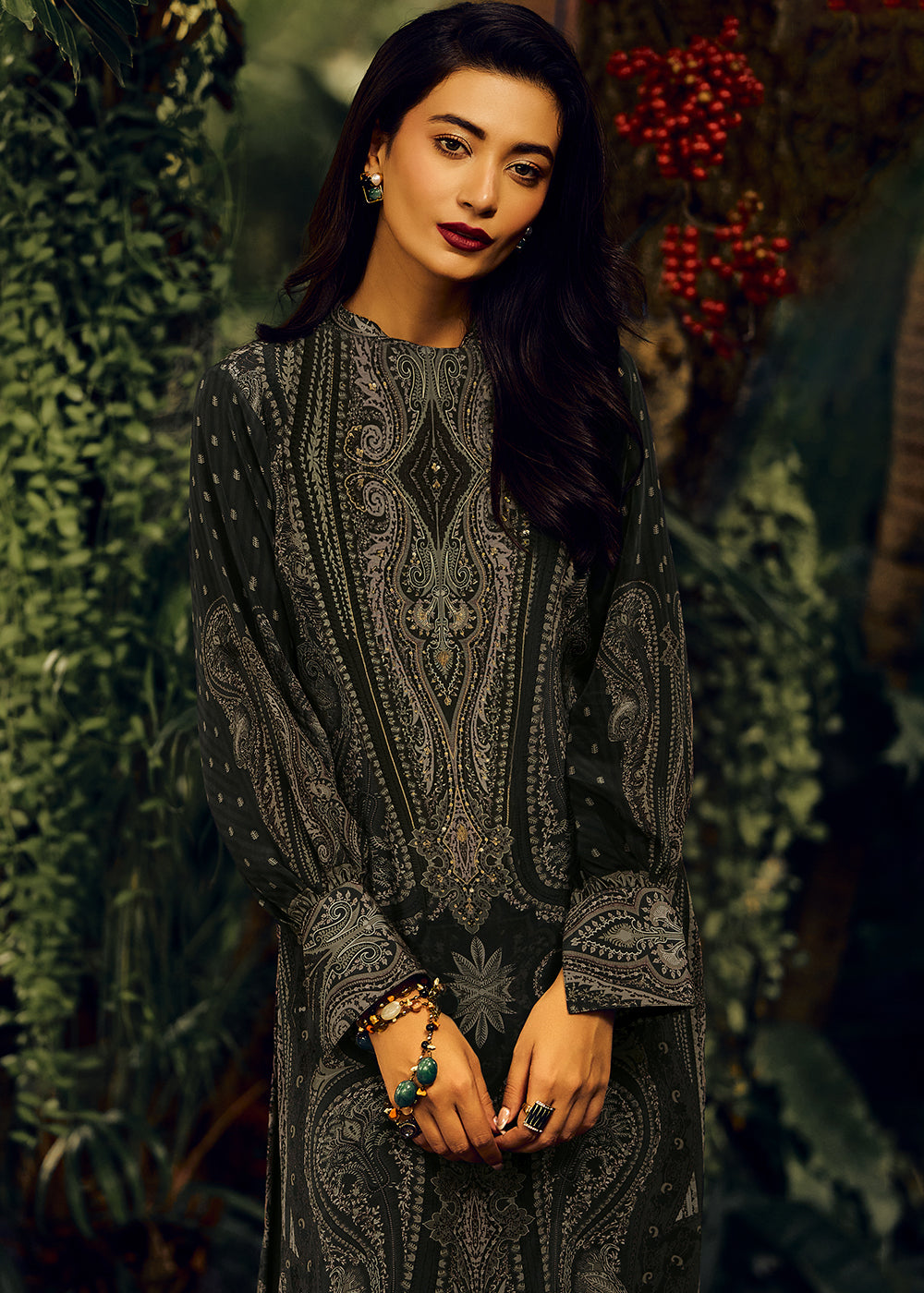 Onyx Black Digital Printed Pashmina Silk Salwar Suit With Hand Work Embroidery