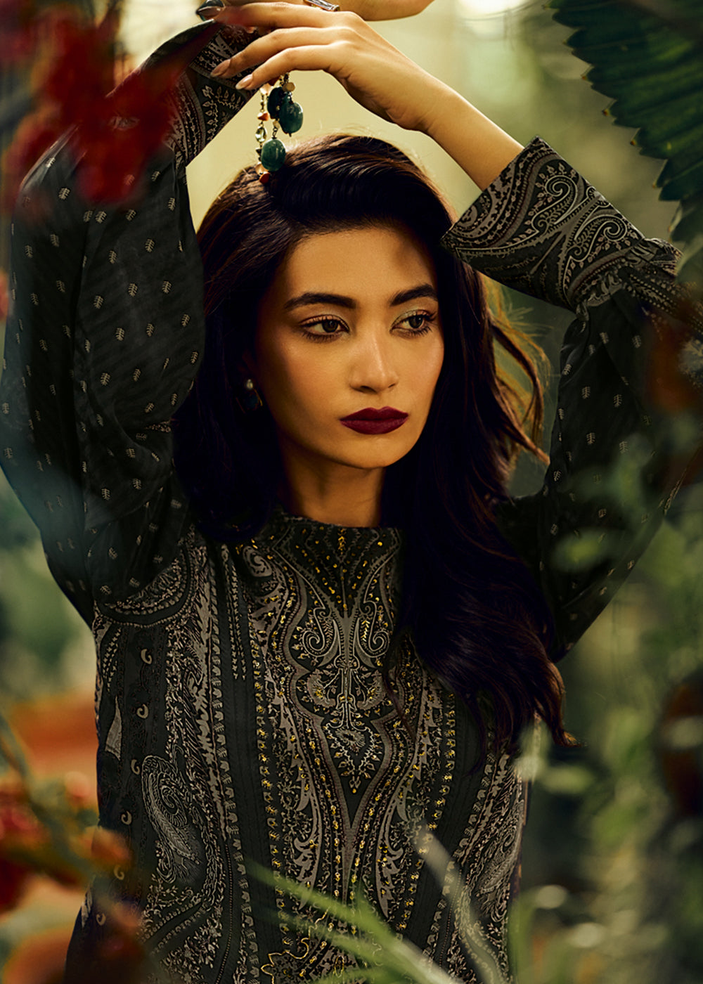 Onyx Black Digital Printed Pashmina Silk Salwar Suit With Hand Work Embroidery