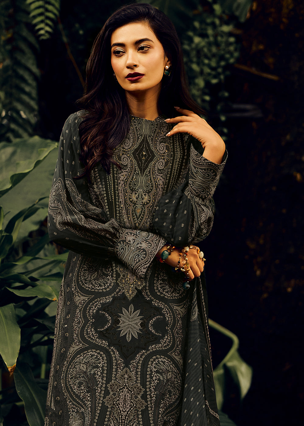 Onyx Black Digital Printed Pashmina Silk Salwar Suit With Hand Work Embroidery