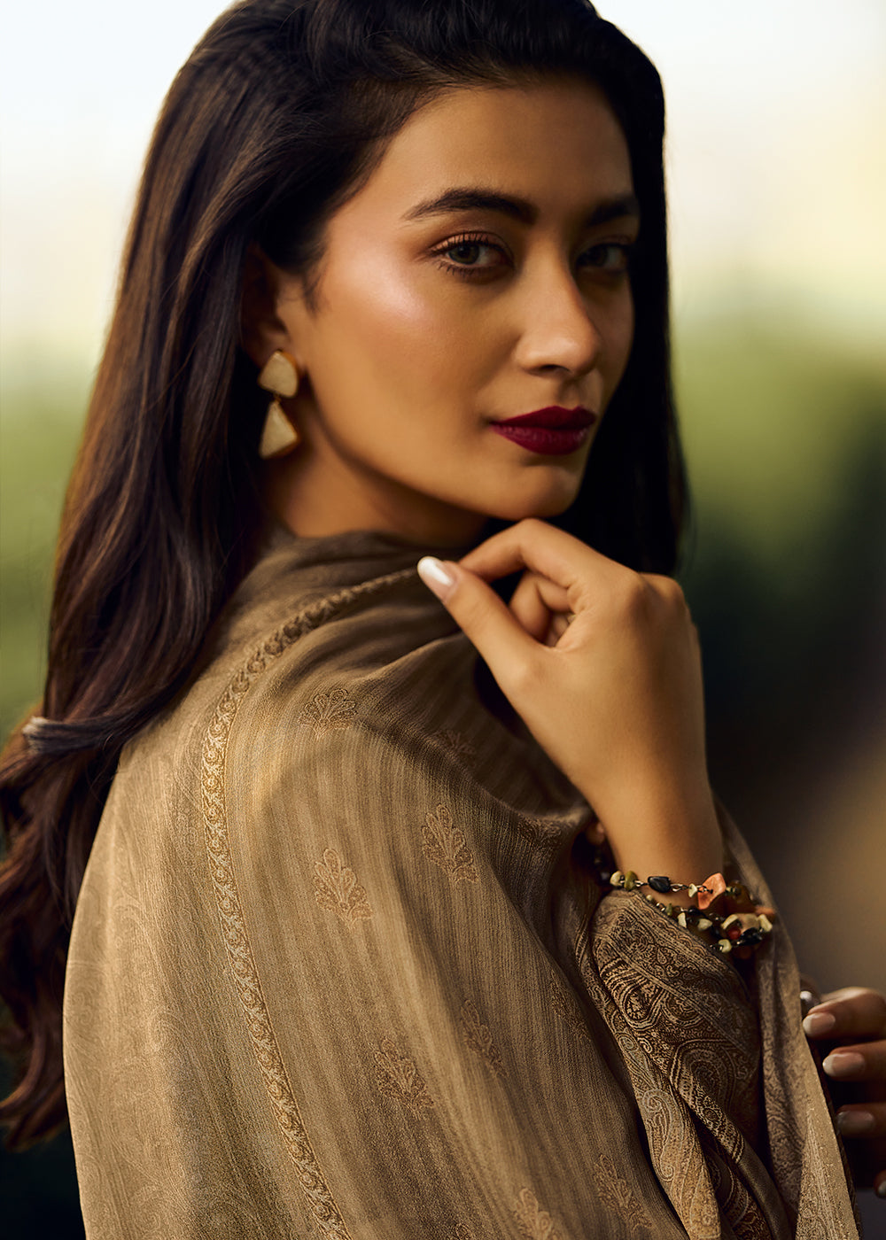 Desert Brown Digital Printed Pashmina Silk Salwar Suit With Hand Work Embroidery