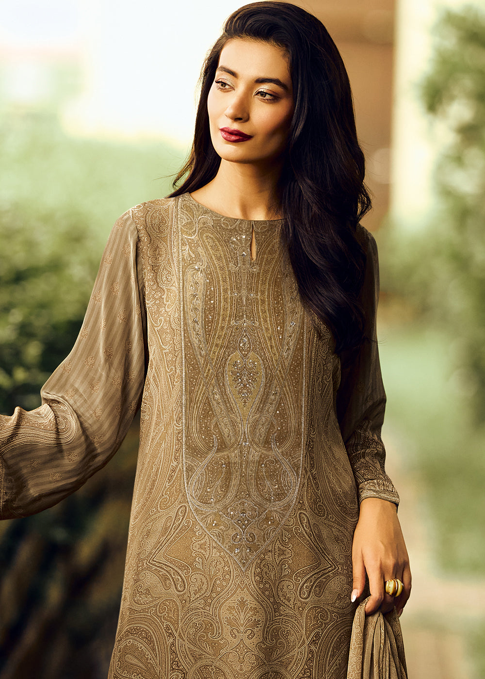 Desert Brown Digital Printed Pashmina Silk Salwar Suit With Hand Work Embroidery