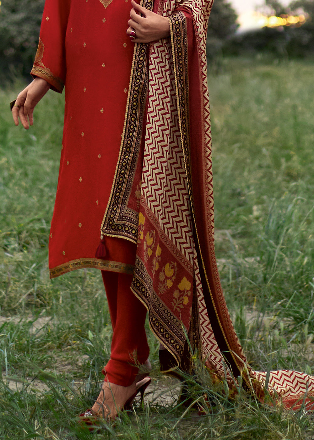 Crimson Red Silk Meenakari Woven Salwar Suit