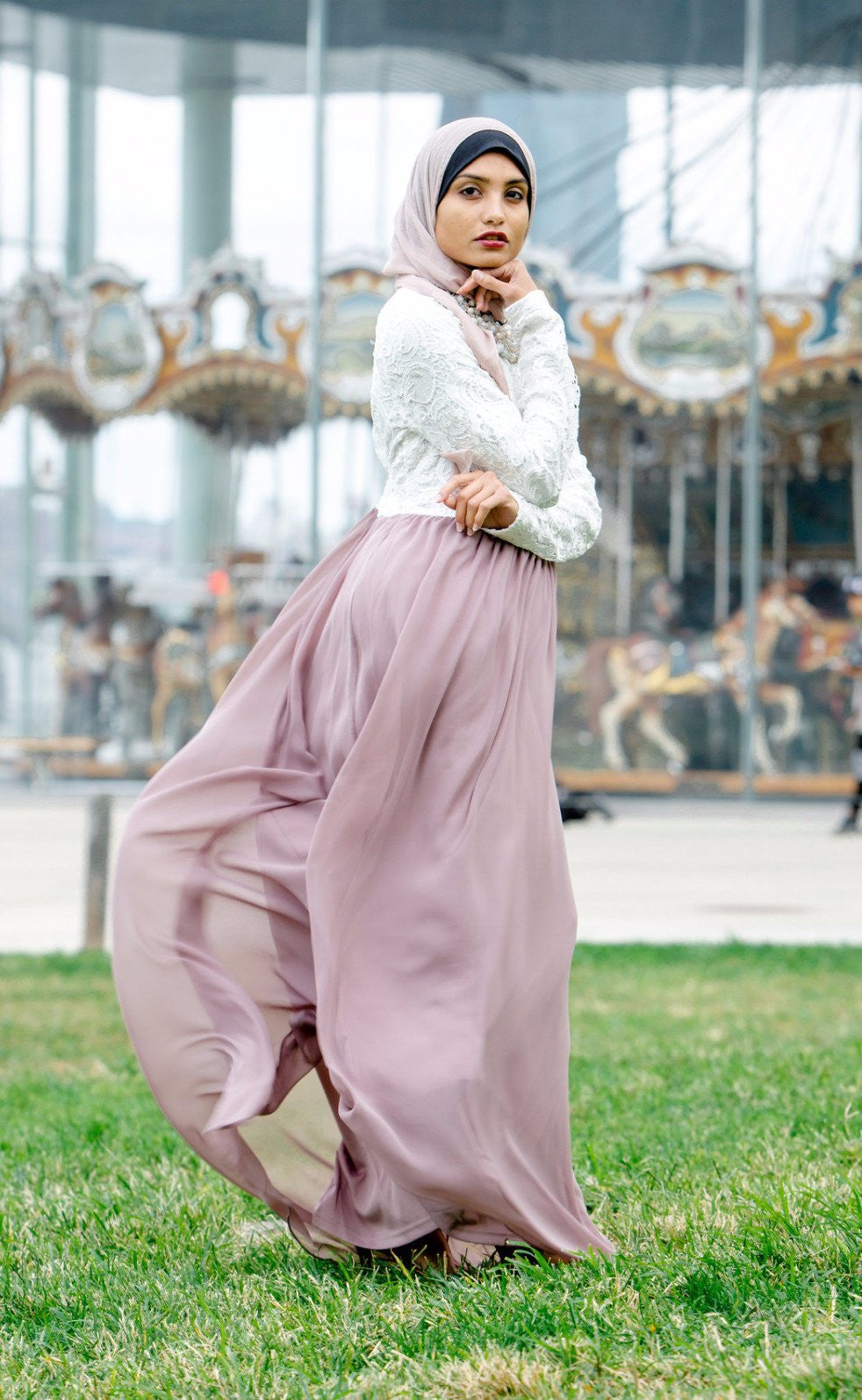 Lace Two-Tone Maxi Dress With Sleeves-CLEARANCE
