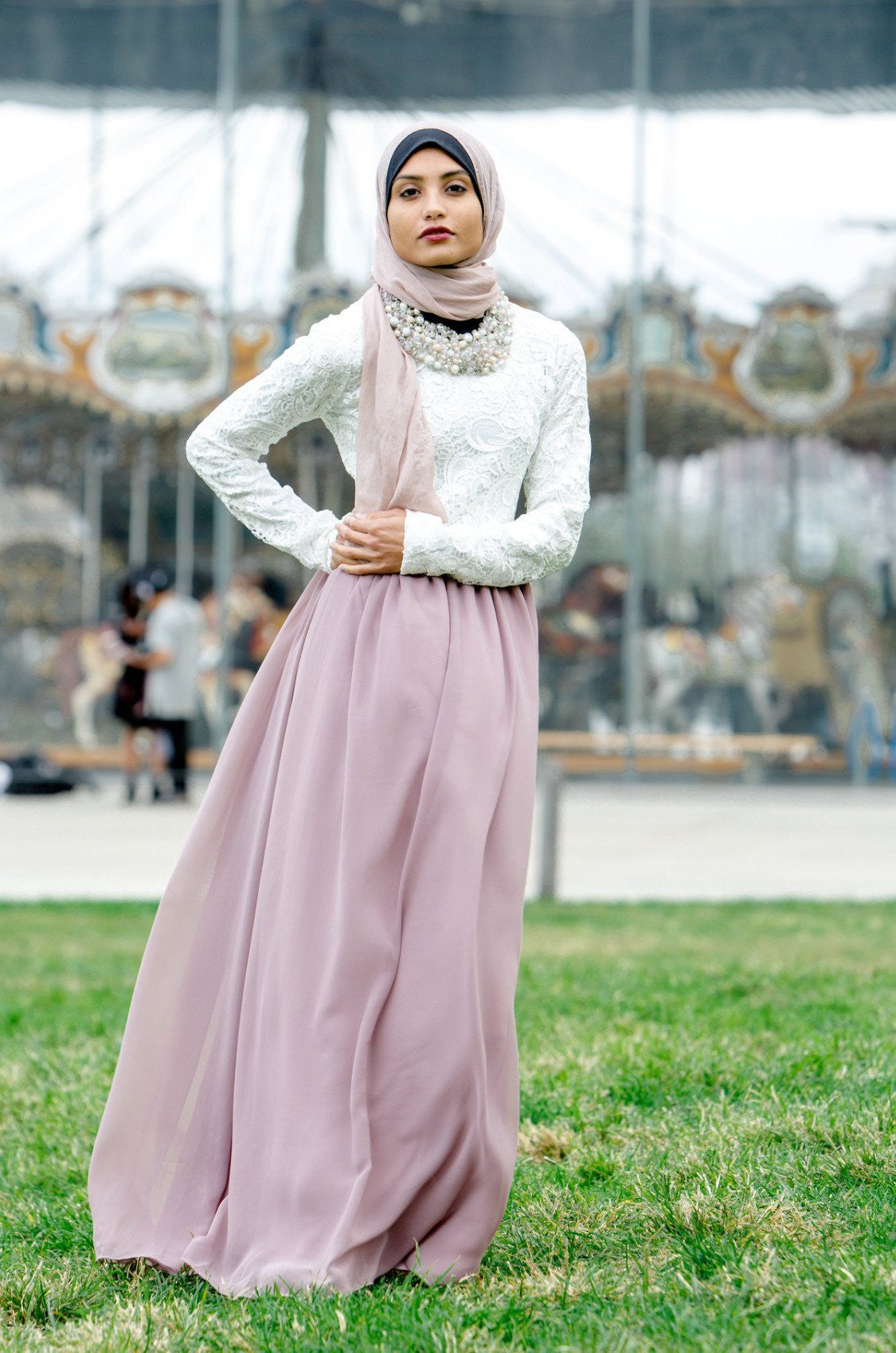 Lace Two-Tone Maxi Dress With Sleeves-CLEARANCE