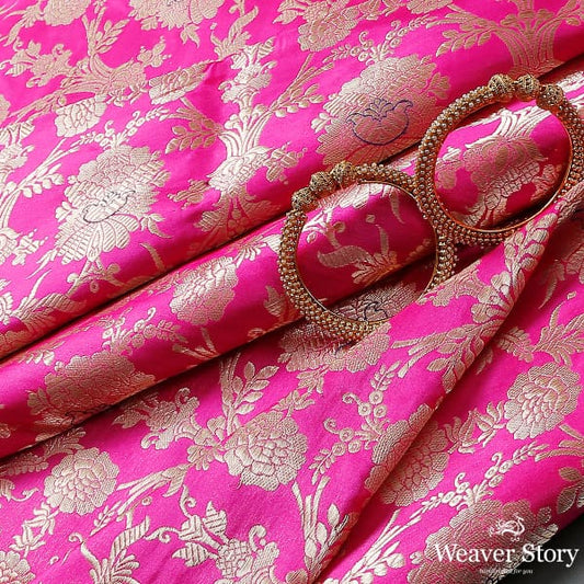 Handwoven Banarasi kadhwa jangla fabric in pink
