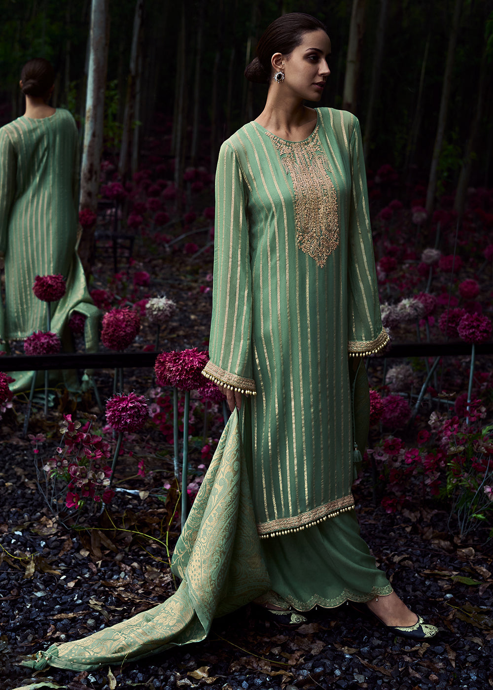 Pastel Green Gerogette Embroidered Salwar Suit with Banarasi Woven Tissue Dupatta