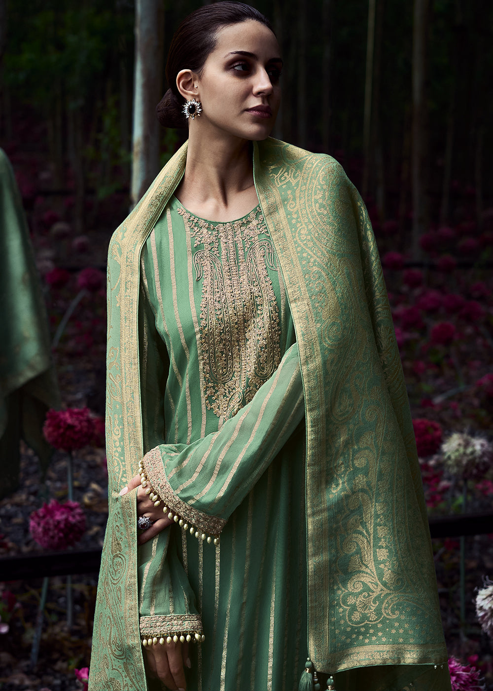 Pastel Green Gerogette Embroidered Salwar Suit with Banarasi Woven Tissue Dupatta