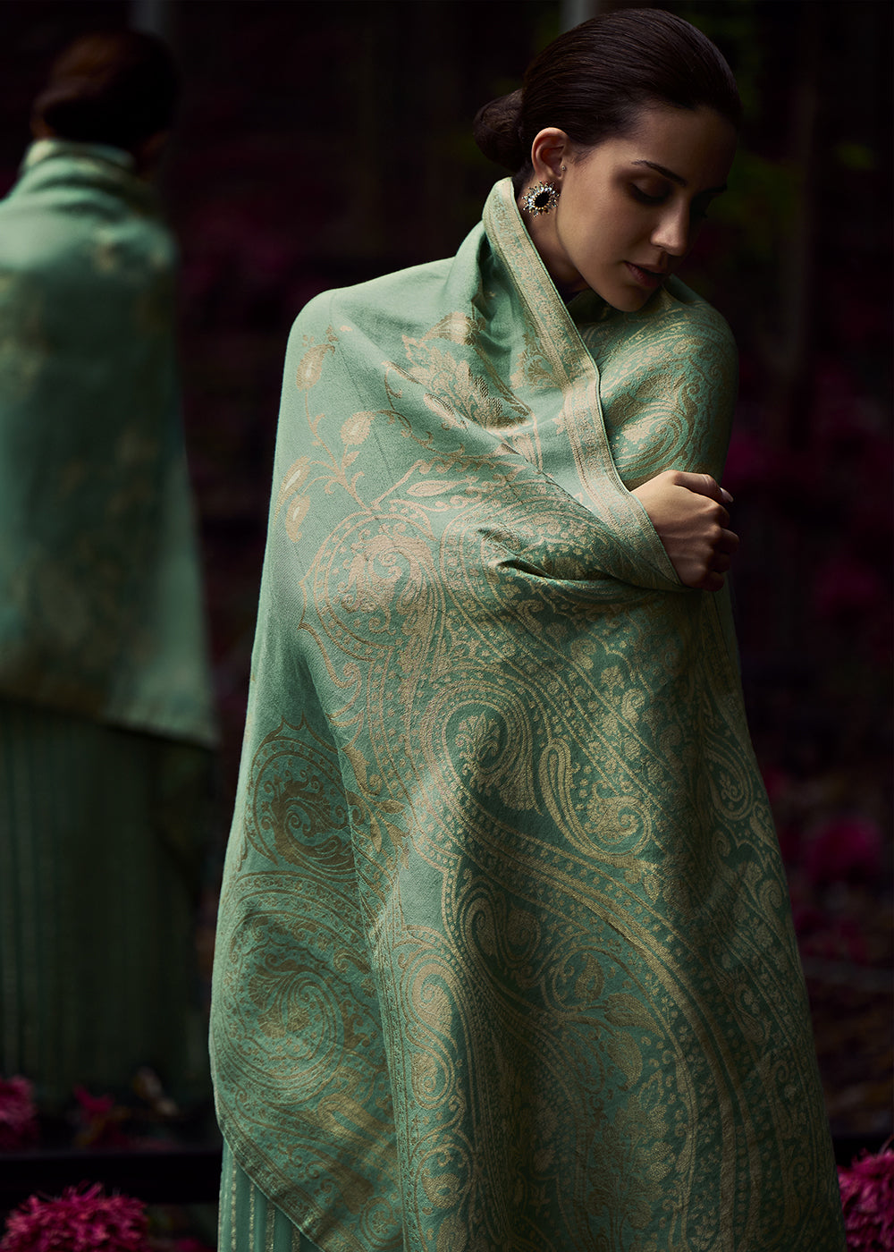 Pastel Green Gerogette Embroidered Salwar Suit with Banarasi Woven Tissue Dupatta