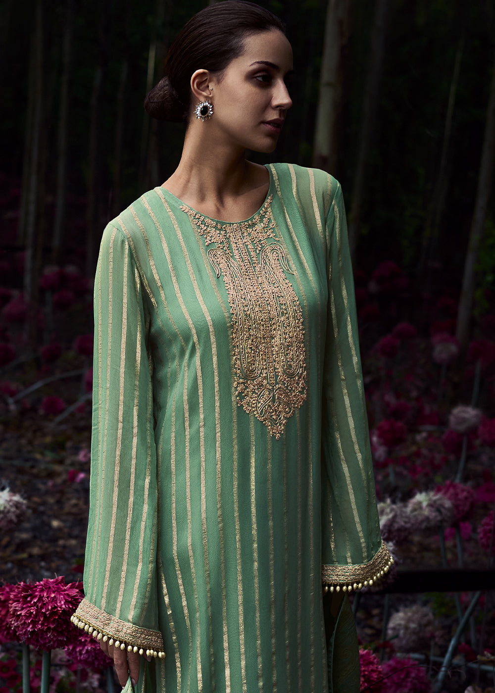 Pastel Green Gerogette Embroidered Salwar Suit with Banarasi Woven Tissue Dupatta