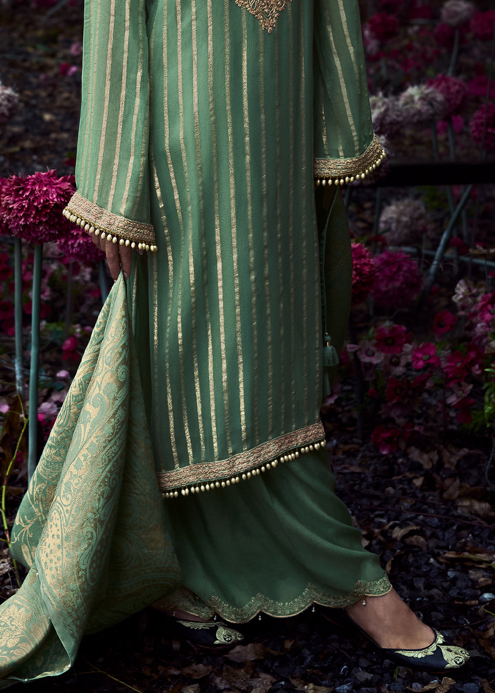 Pastel Green Gerogette Embroidered Salwar Suit with Banarasi Woven Tissue Dupatta