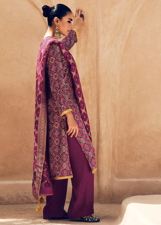 Midnight Purple Digitally Printed Silk Salwar Suit with Embroidery Work