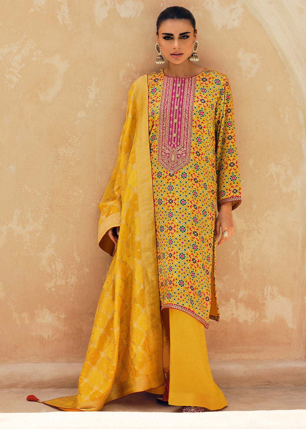 Saffron Yellow Digitally Printed Silk Salwar Suit with Embroidery Work