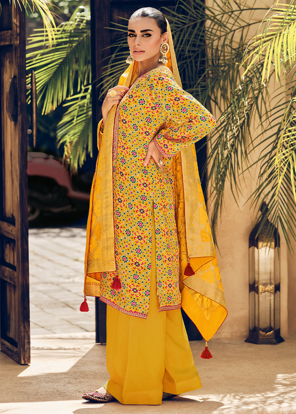 Saffron Yellow Digitally Printed Silk Salwar Suit with Embroidery Work