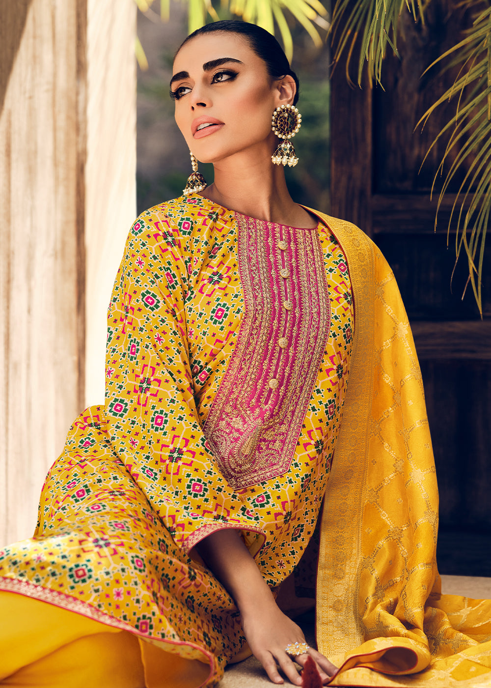 Saffron Yellow Digitally Printed Silk Salwar Suit with Embroidery Work