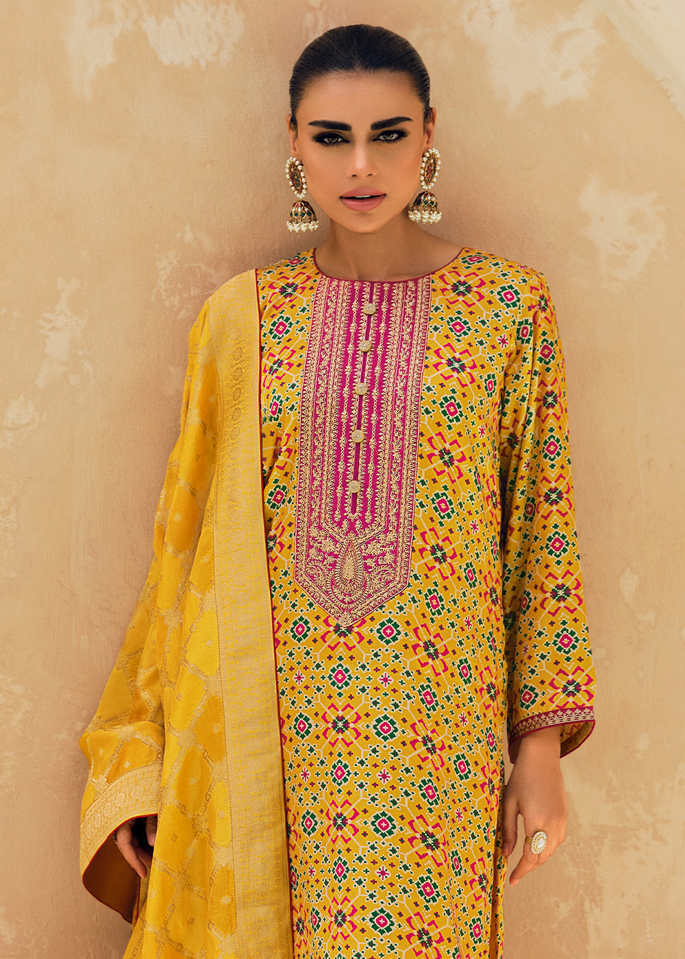 Saffron Yellow Digitally Printed Silk Salwar Suit with Embroidery Work