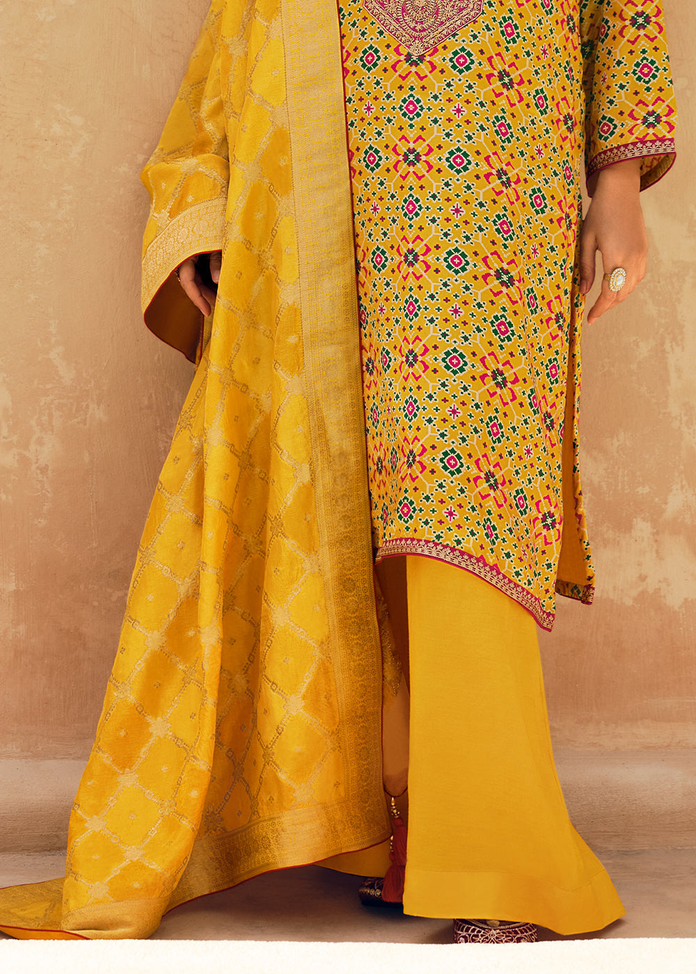 Saffron Yellow Digitally Printed Silk Salwar Suit with Embroidery Work