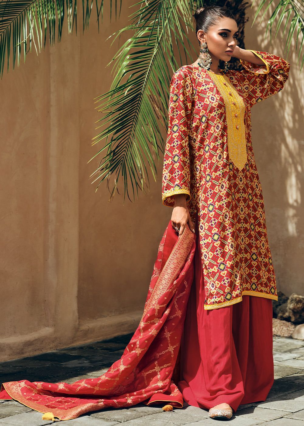 Persian Red Digitally Printed Silk Salwar Suit with Embroidery Work