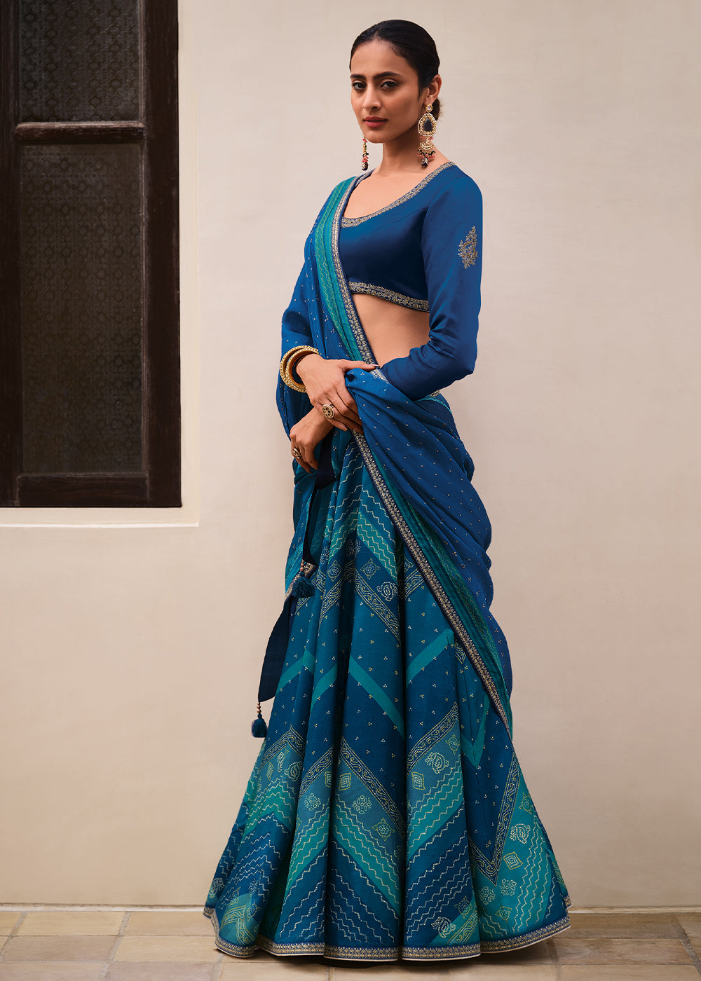 Shades Of Blue Digitally Printed Gaji Silk Lehenga with Borders & Belt Embroidery